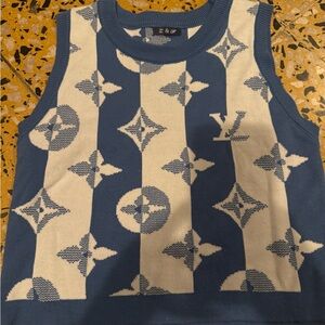 Blue & Cream Monogram Knit Tank Top - Designer Logo